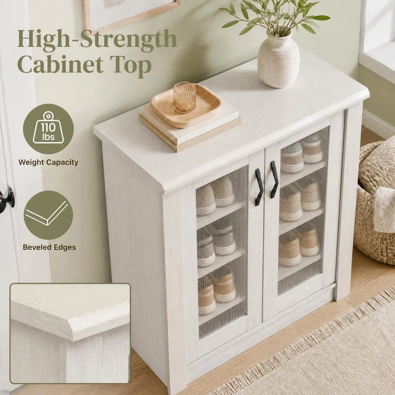 2-Door Wooden Shoe Cabinet, Removable Shelves Organizer, White