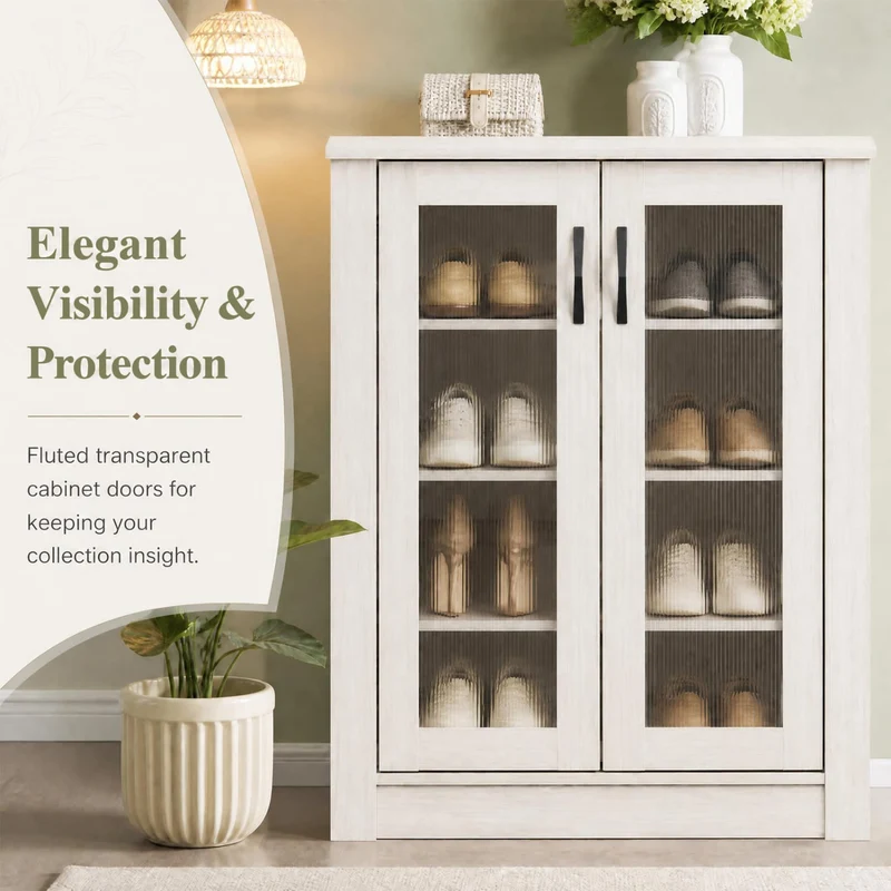 2-Door Wooden Shoe Cabinet, Removable Shelves Organizer, White
