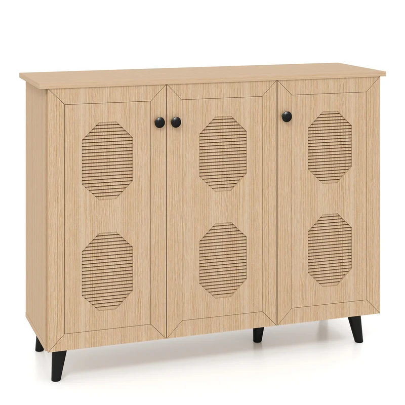 Natural Shoe Cabinet 3 Doors Freestanding Storage Unit Entryway