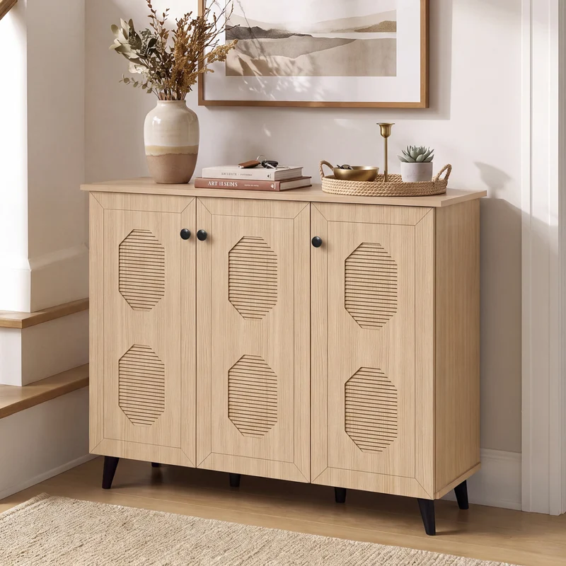 Natural Shoe Cabinet 3 Doors Freestanding Storage Unit Entryway