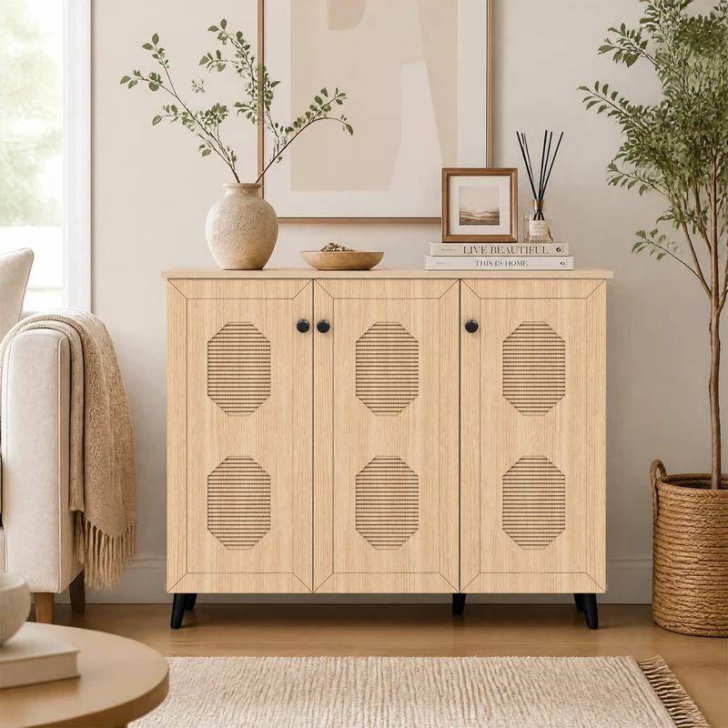 Natural Shoe Cabinet 3 Doors Freestanding Storage Unit Entryway