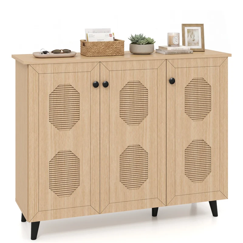 Natural Shoe Cabinet 3 Doors Freestanding Storage Unit Entryway