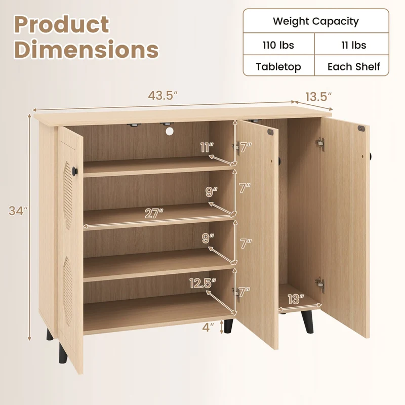 Natural Shoe Cabinet 3 Doors Freestanding Storage Unit Entryway