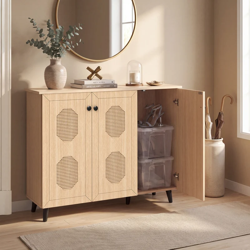Natural Shoe Cabinet 3 Doors Freestanding Storage Unit Entryway