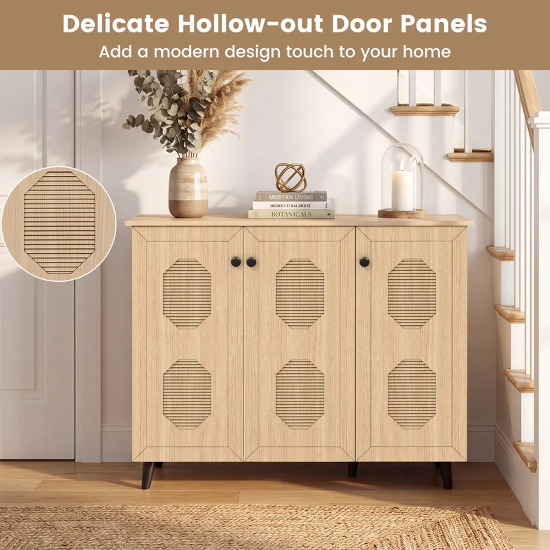 Natural Shoe Cabinet 3 Doors Freestanding Storage Unit Entryway