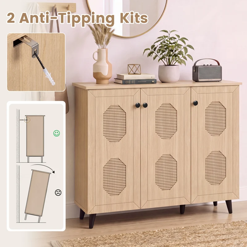Natural Shoe Cabinet 3 Doors Freestanding Storage Unit Entryway