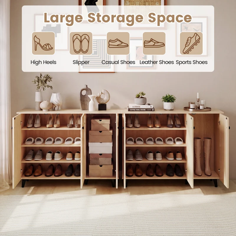 Natural Shoe Cabinet 3 Doors Freestanding Storage Unit Entryway