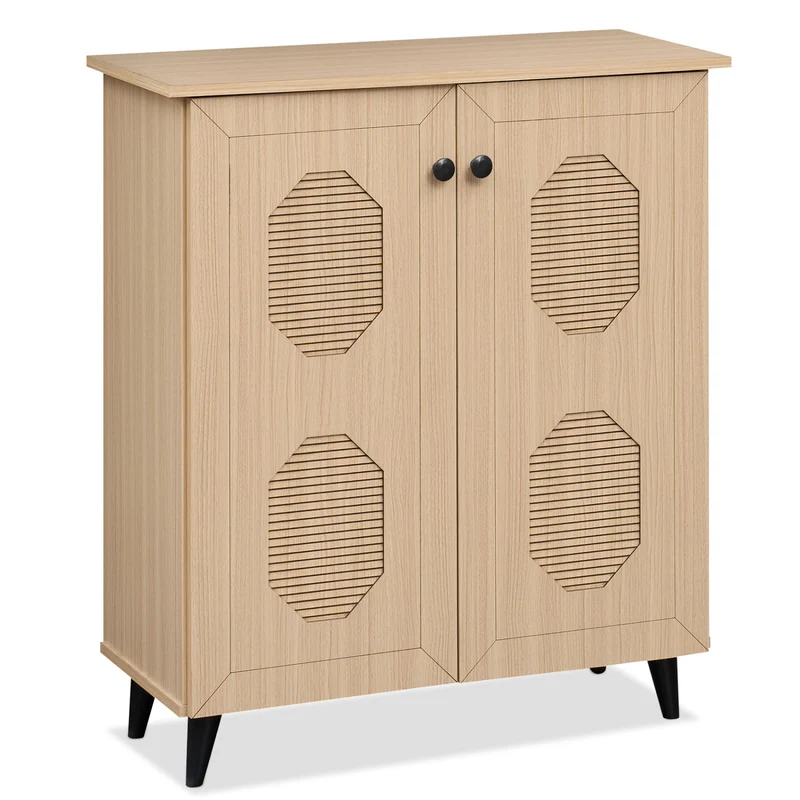 2‑Door Geometric‑Style Storage Cabinet Freestanding Footwear Organizer with Stylish Carved Panels, Natural