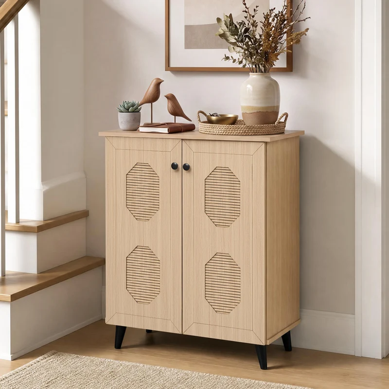 2‑Door Geometric‑Style Storage Cabinet Freestanding Footwear Organizer with Stylish Carved Panels, Natural