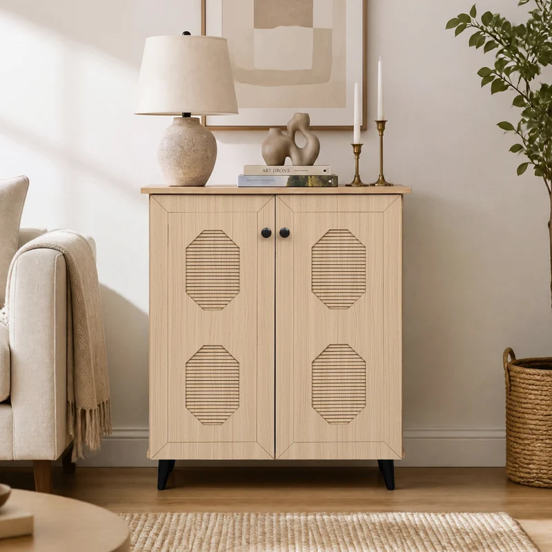 2‑Door Geometric‑Style Storage Cabinet Freestanding Footwear Organizer with Stylish Carved Panels, Natural