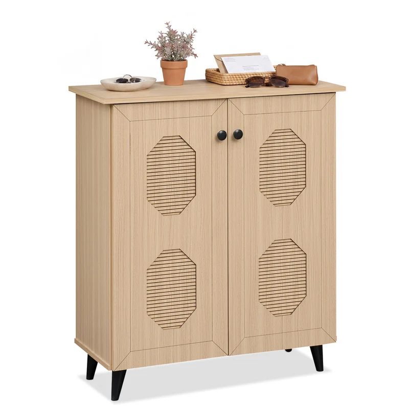 2‑Door Geometric‑Style Storage Cabinet Freestanding Footwear Organizer with Stylish Carved Panels, Natural