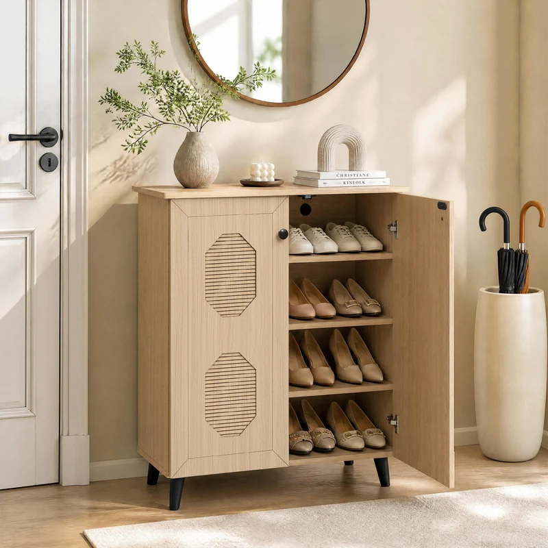 2‑Door Geometric‑Style Storage Cabinet Freestanding Footwear Organizer with Stylish Carved Panels, Natural