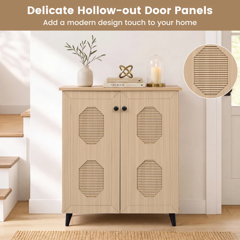 2‑Door Geometric‑Style Storage Cabinet Freestanding Footwear Organizer with Stylish Carved Panels, Natural