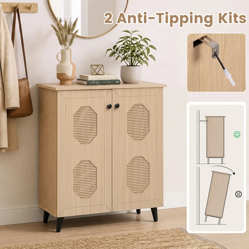 2‑Door Geometric‑Style Storage Cabinet Freestanding Footwear Organizer with Stylish Carved Panels, Natural