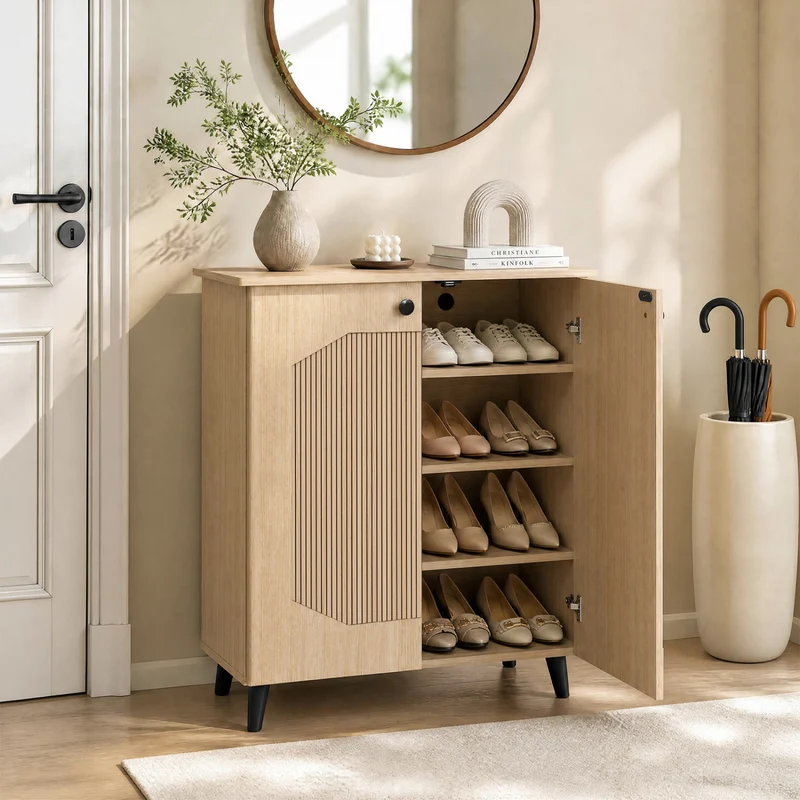 Geometric 2-Door Footwear Storage Cabinet, Natural