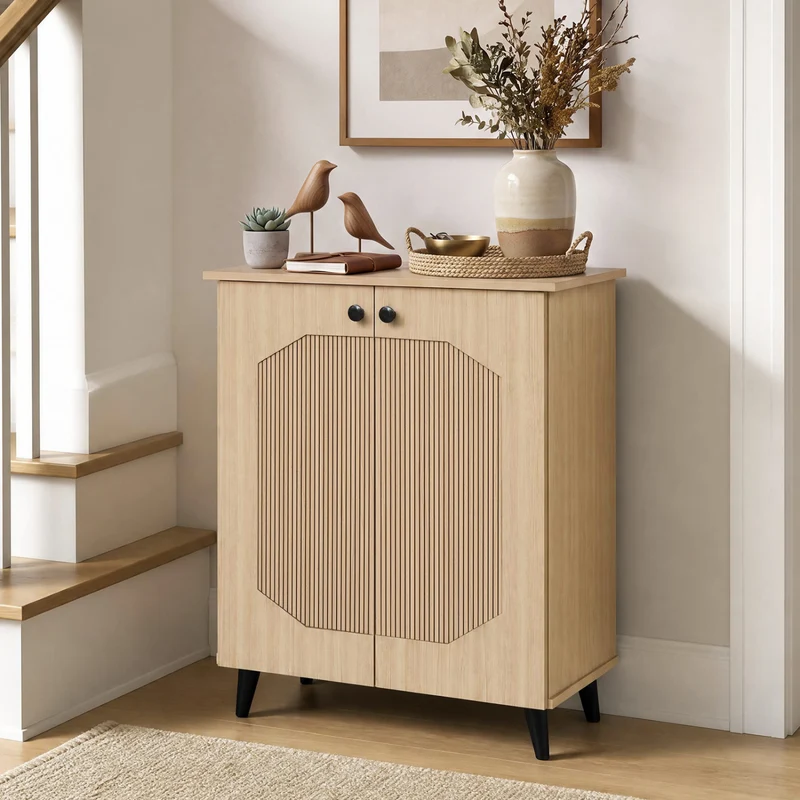 Geometric 2-Door Footwear Storage Cabinet, Natural
