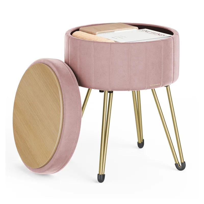 Tabouret rond en velours avec espace de rangement 4 pieds en métal