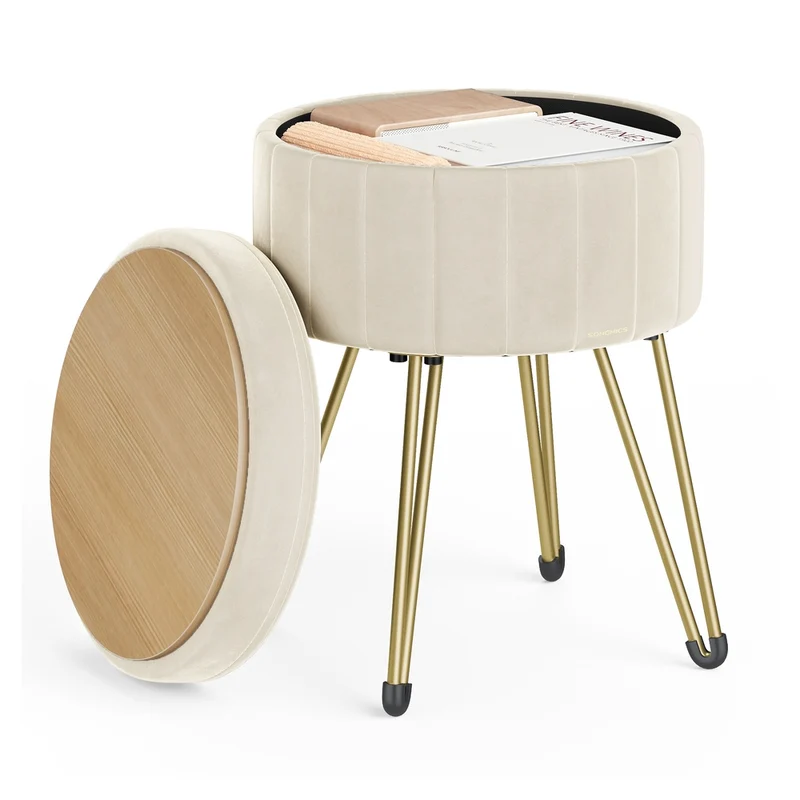 Tabouret rond en velours avec espace de rangement 4 pieds en métal
