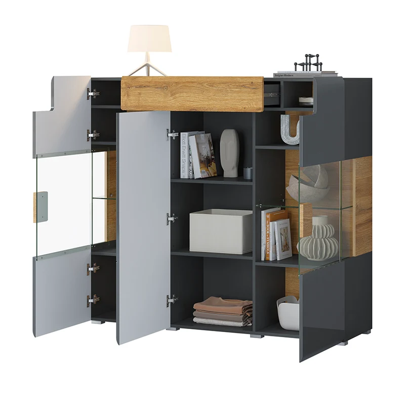 Buffet haut 3 portes 1 tiroir avec LED Jules Gris et Bois
