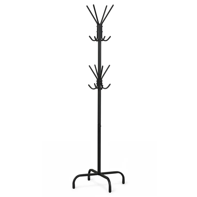 Metal Coat Rack, 16 Hooks, 4 Legs, Black