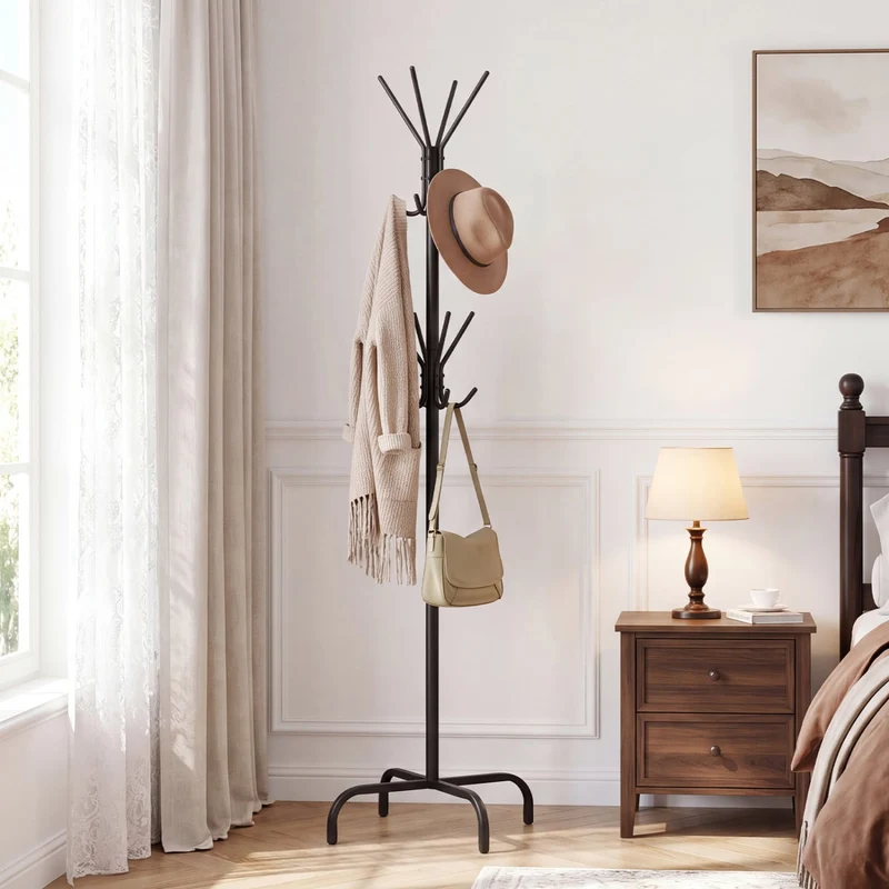 Metal Coat Rack, 16 Hooks, 4 Legs, Black