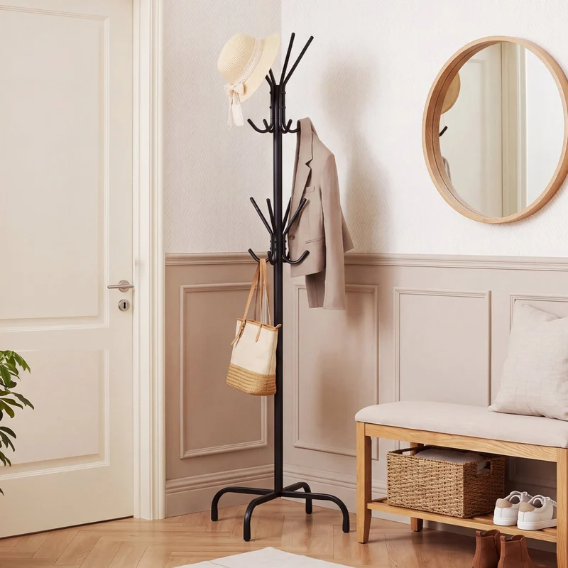 Metal Coat Rack, 16 Hooks, 4 Legs, Black