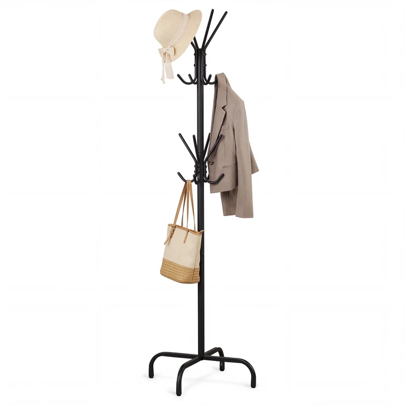Metal Coat Rack, 16 Hooks, 4 Legs, Black