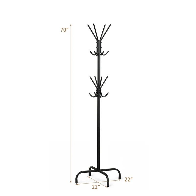 Metal Coat Rack, 16 Hooks, 4 Legs, Black