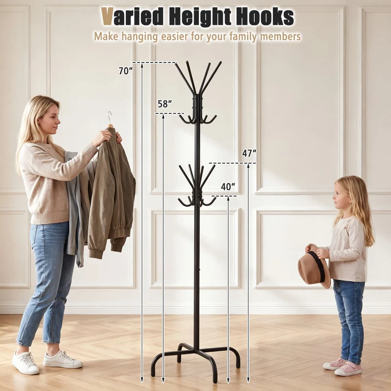 Metal Coat Rack, 16 Hooks, 4 Legs, Black