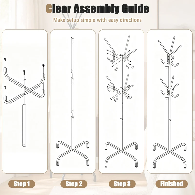 Metal Coat Rack, 16 Hooks, 4 Legs, Black