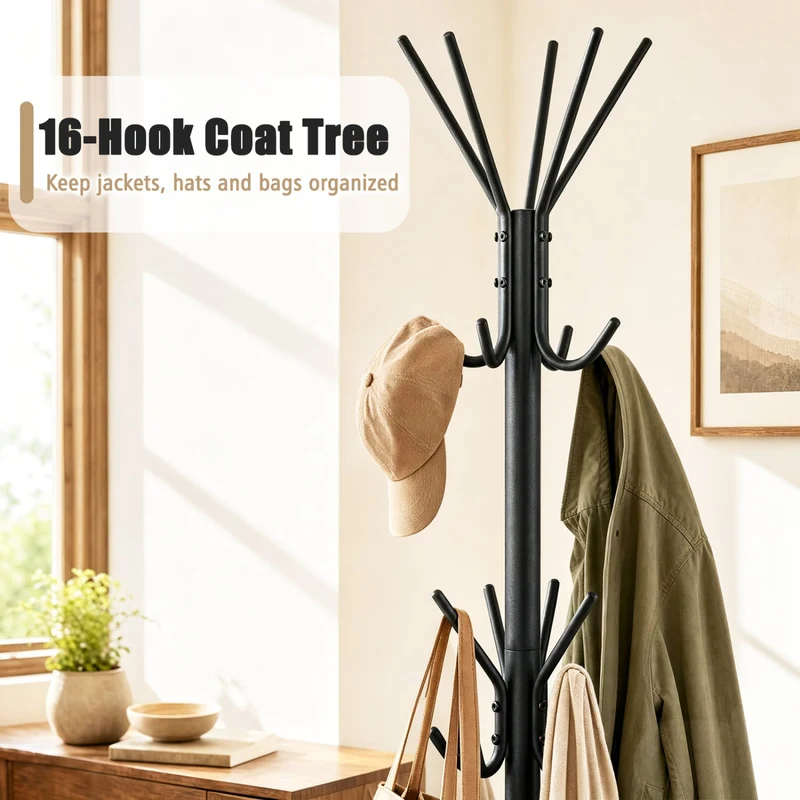 Metal Coat Rack, 16 Hooks, 4 Legs, Black