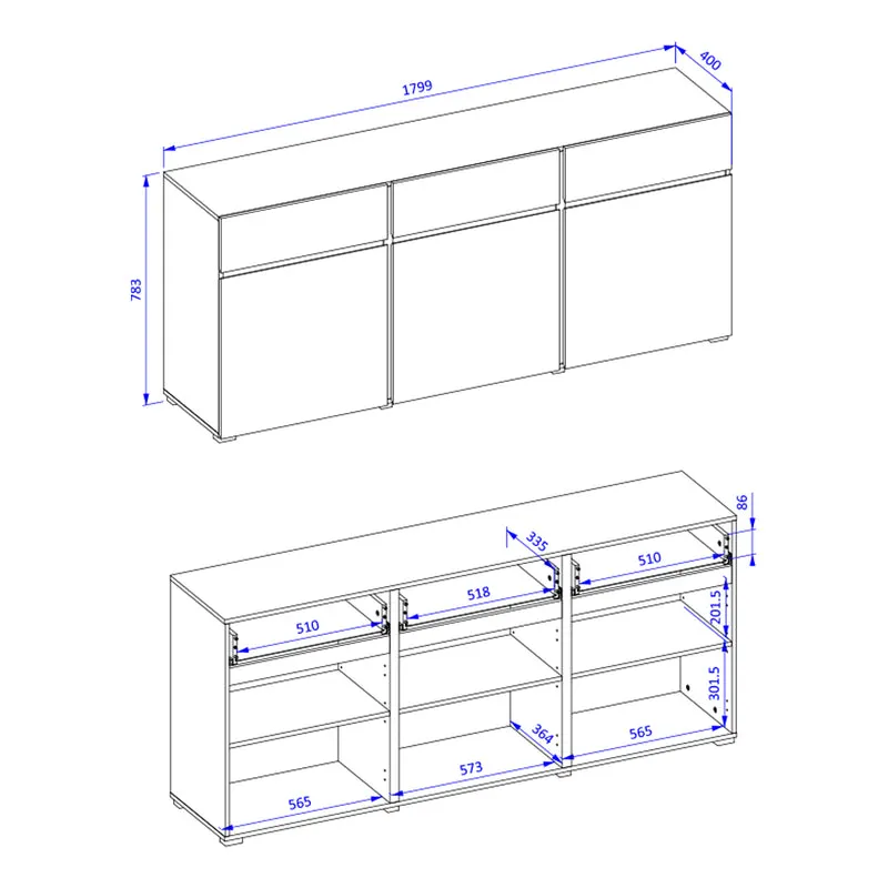Buffet 3 portes 3 tiroirs Lilia Bois
