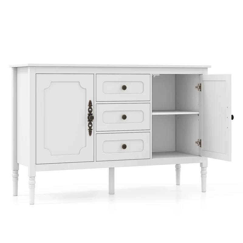 47 Vintage Buffet Cabinet, 3 Drawers, 2 Cabinets, White