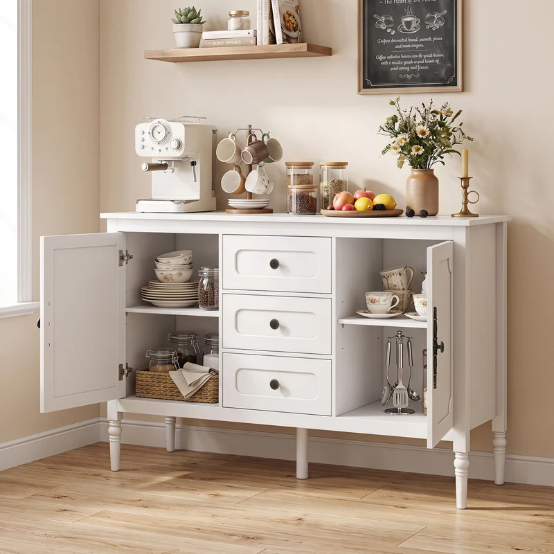 47 Vintage Buffet Cabinet, 3 Drawers, 2 Cabinets, White