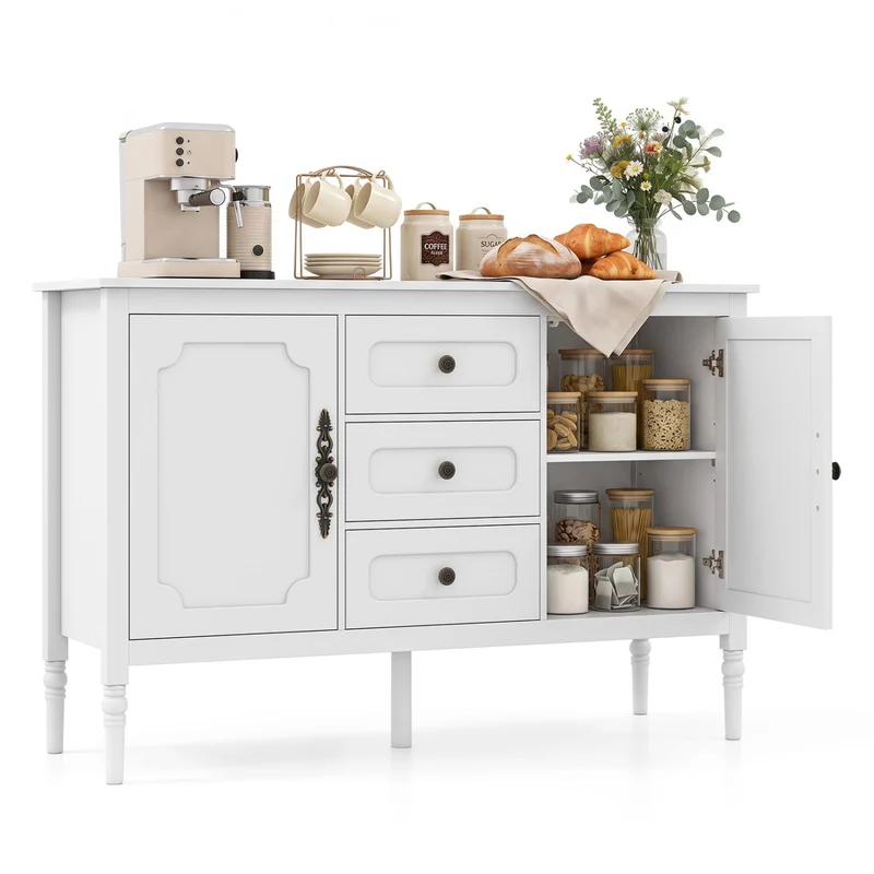 47 Vintage Buffet Cabinet, 3 Drawers, 2 Cabinets, White
