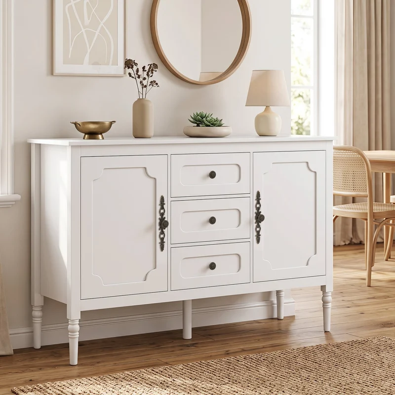 47 Vintage Buffet Cabinet, 3 Drawers, 2 Cabinets, White