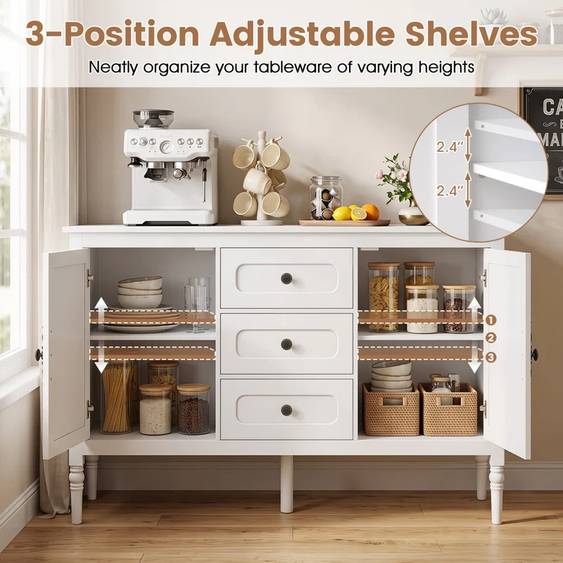 47 Vintage Buffet Cabinet, 3 Drawers, 2 Cabinets, White