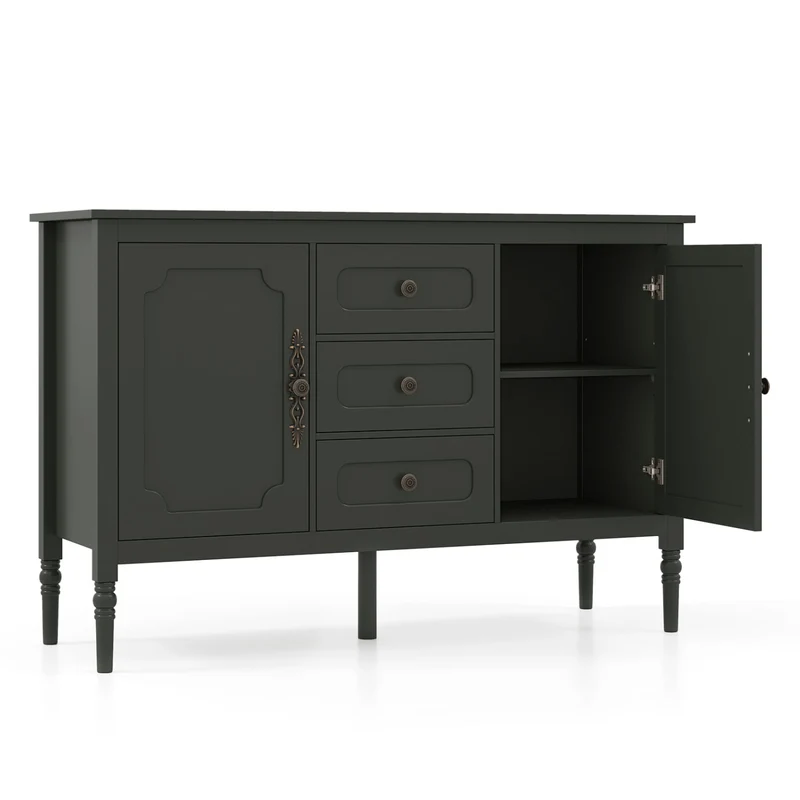 47" Vintage Buffet Cabinet, 3 Drawers, 2 Cabinets, Green