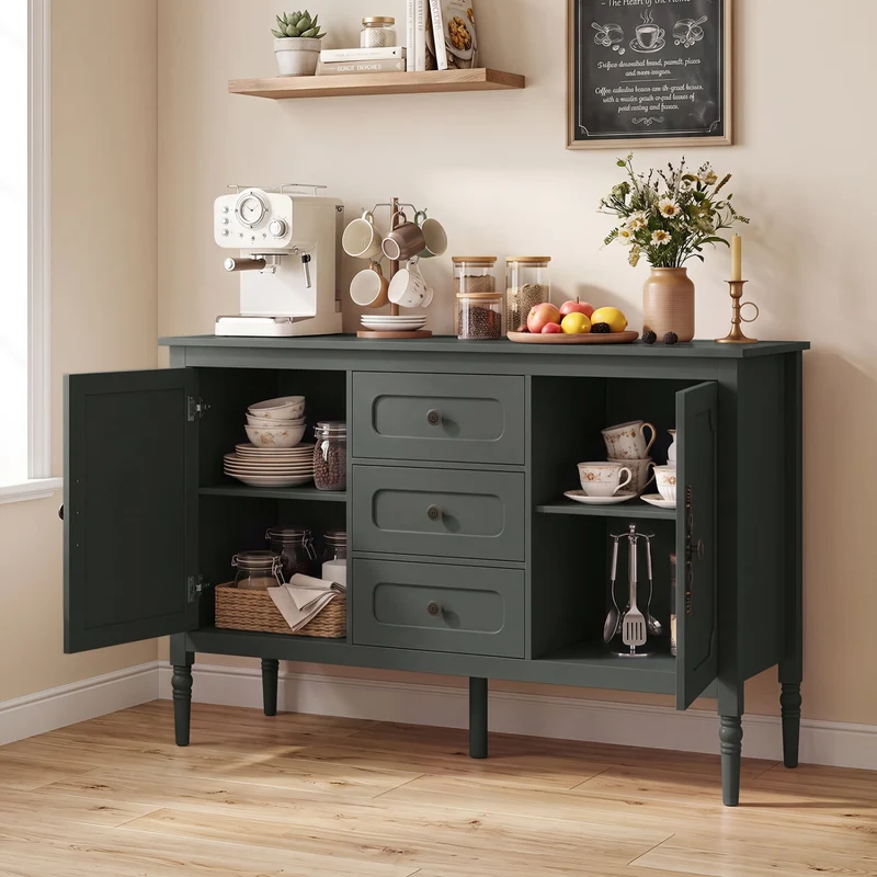 47" Vintage Buffet Cabinet, 3 Drawers, 2 Cabinets, Green
