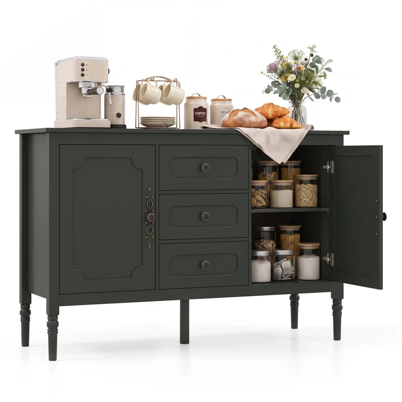 47" Vintage Buffet Cabinet, 3 Drawers, 2 Cabinets, Green