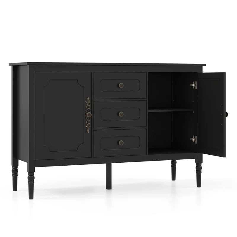 47" Vintage Buffet Cabinet, 3 Drawers, 2 Cabinets, Black