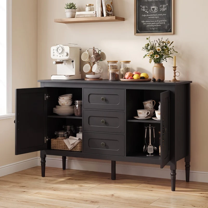 47" Vintage Buffet Cabinet, 3 Drawers, 2 Cabinets, Black