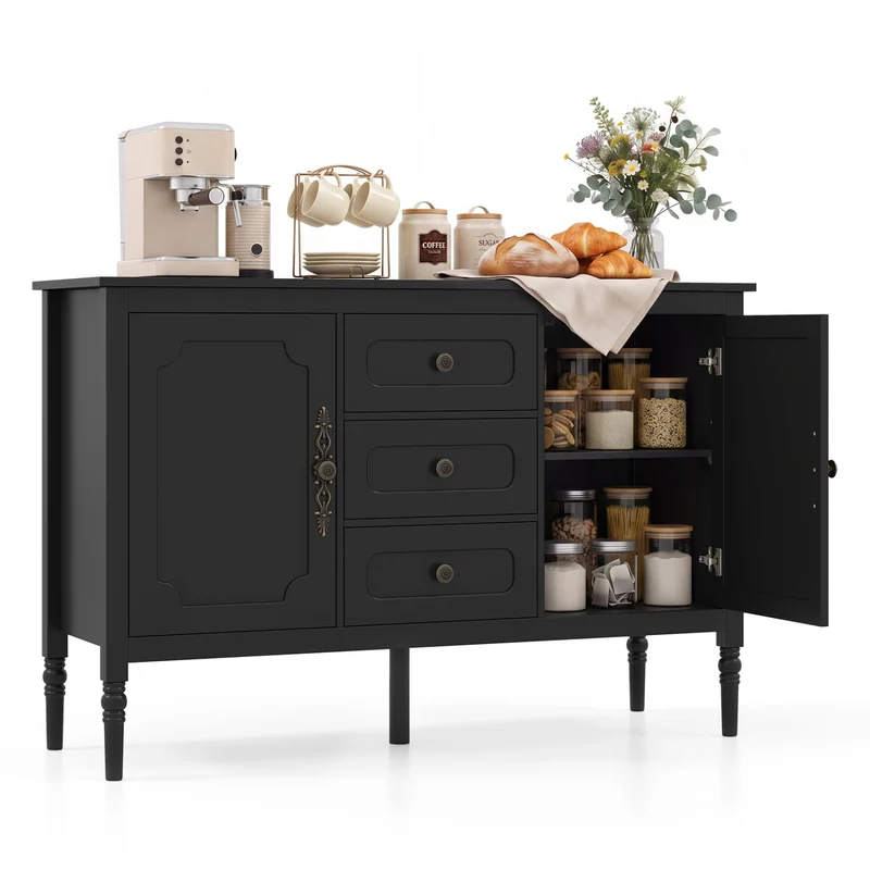 47" Vintage Buffet Cabinet, 3 Drawers, 2 Cabinets, Black