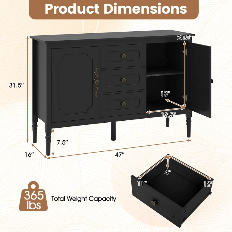 47" Vintage Buffet Cabinet, 3 Drawers, 2 Cabinets, Black