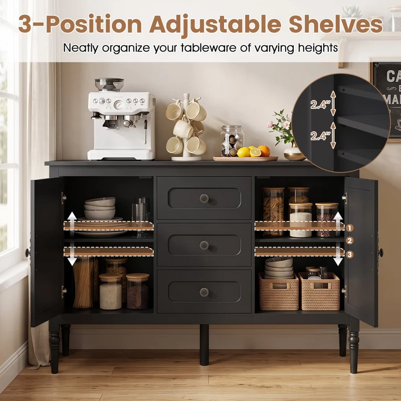 47" Vintage Buffet Cabinet, 3 Drawers, 2 Cabinets, Black