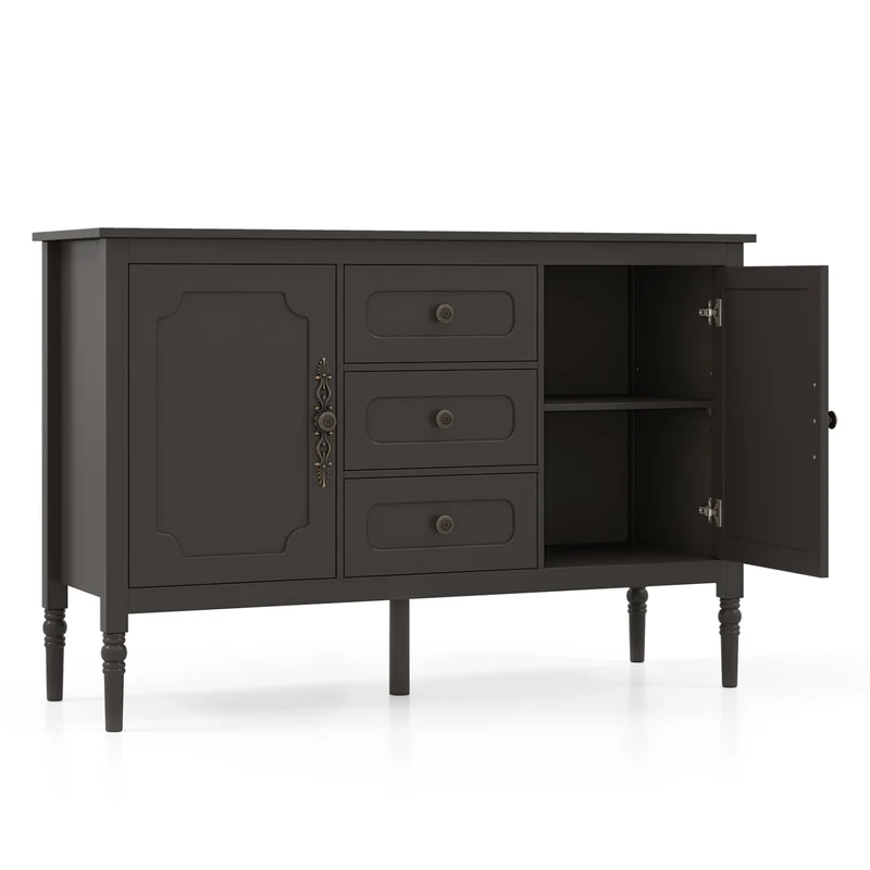 47" Vintage Buffet Cabinet, 3 Drawers, 2 Cabinets, Brown