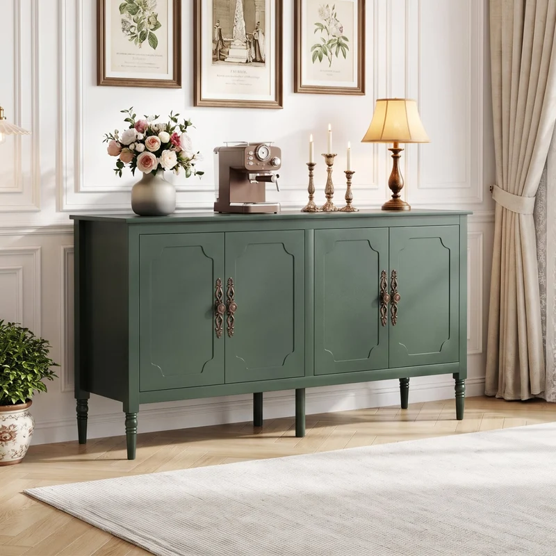 58" Vintage Buffet Cabinet with Pine Legs, Green