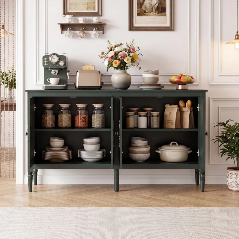 58" Vintage Buffet Cabinet with Pine Legs, Green