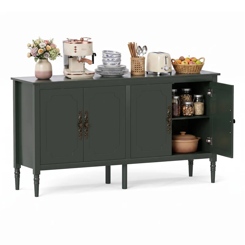 58" Vintage Buffet Cabinet with Pine Legs, Green