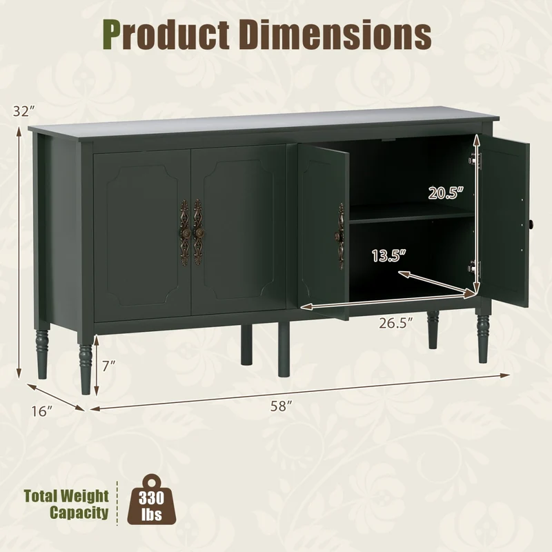 58" Vintage Buffet Cabinet with Pine Legs, Green